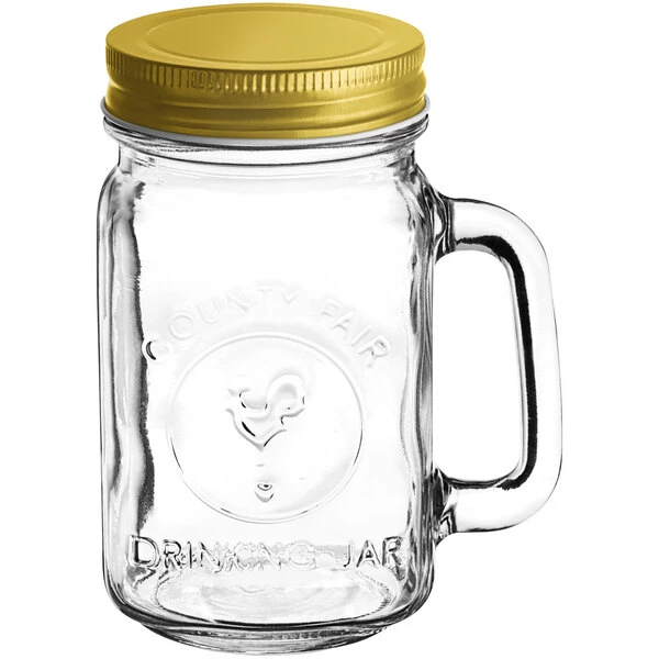 Acopa Rustic Charm 16 Oz. County Fair Drinking Jar / Mason Jar With Handle And Gold Metal Lid - 12/Case 2 Acopa Rustic Charm 16 Oz. County Fair Drinking Jar / Mason Jar With Handle And Gold Metal Lid - 12/Case - Image 2